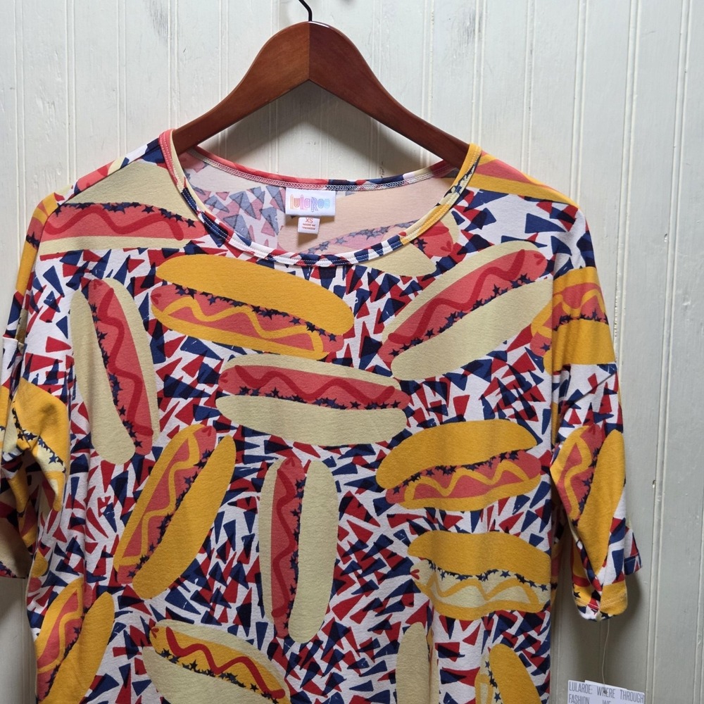 LuLaRoe Shirt Womens XS Multicolor Crew Neck Short Sleeve Hot Dog Tunic Top